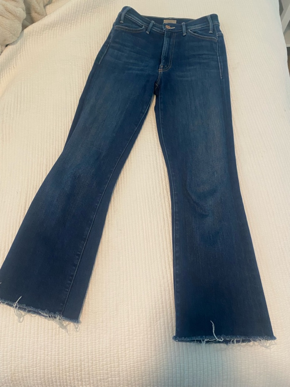 MOTHER Dark Blue Flared Raw Hem Jeans